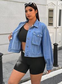 SHEIN EZwear Plus Size Women Single-Breasted Pocket Casual Denim Jacket, Long Sleeve