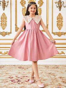 SHEIN Tween Girls Elegant Color-Matched Jacquard Sleeveless Beads Decor A-Line Dress - Pink - View 6