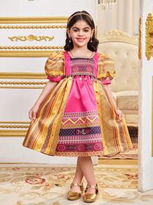 SHEIN Young Girl Woven Ditsy Floral Square Neck Puff Sleeve Fitted Dress - Hot Pink - View 3