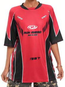 SHEIN EZwear Camiseta de mujer de manga raglán con cuello redondo y estampado de letras core block para salir en primavera/verano - Multicolor - Ver 1