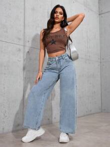 SHEIN PETITE 休闲洗水直筒牛仔裤 - 藍色 - 查看 3