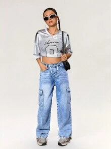 SHEIN Explorewe Teen Girls Vintage Street Style High Waist Drawstring Loose Comfortable Wide Leg Jeans - Light Wash - View 1