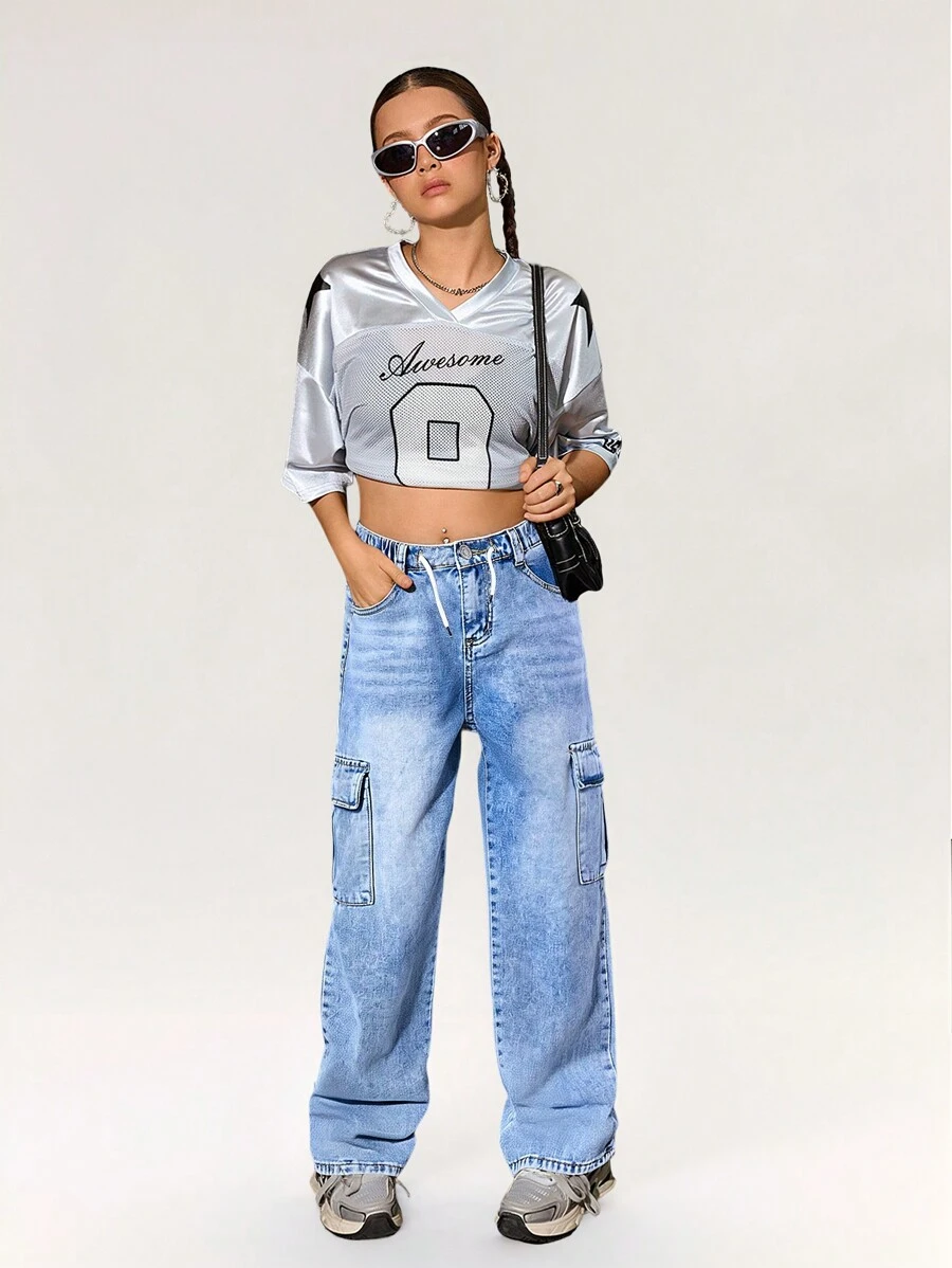 SHEIN Explorewe Teen Girls Vintage Street Style High Waist Drawstring Loose Comfortable Wide Leg Jeans - Light Wash - View 1