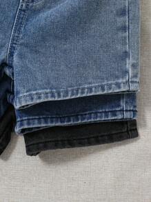 SHEIN 男婴 3 件套夏季休闲柔软宽松阔腿蓝黑色牛仔短裤，婴儿春夏装春假装和日常装