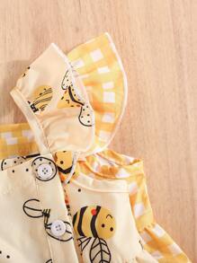 SHEIN Vintaside Kids Ensemble de 2 pièces de robe d'été adorable pour bébé fille imprimé jaune et abeille avec manches courtes - Ensemble de 2 pièces de robes d'été pour tout-petits imprimé jaune et abeille avec manches courtes