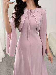 Modelyn 2 件套女士套装：带水钻的优雅短夹克和紧身连衣裙，春夏 - 粉色 - 查看 1