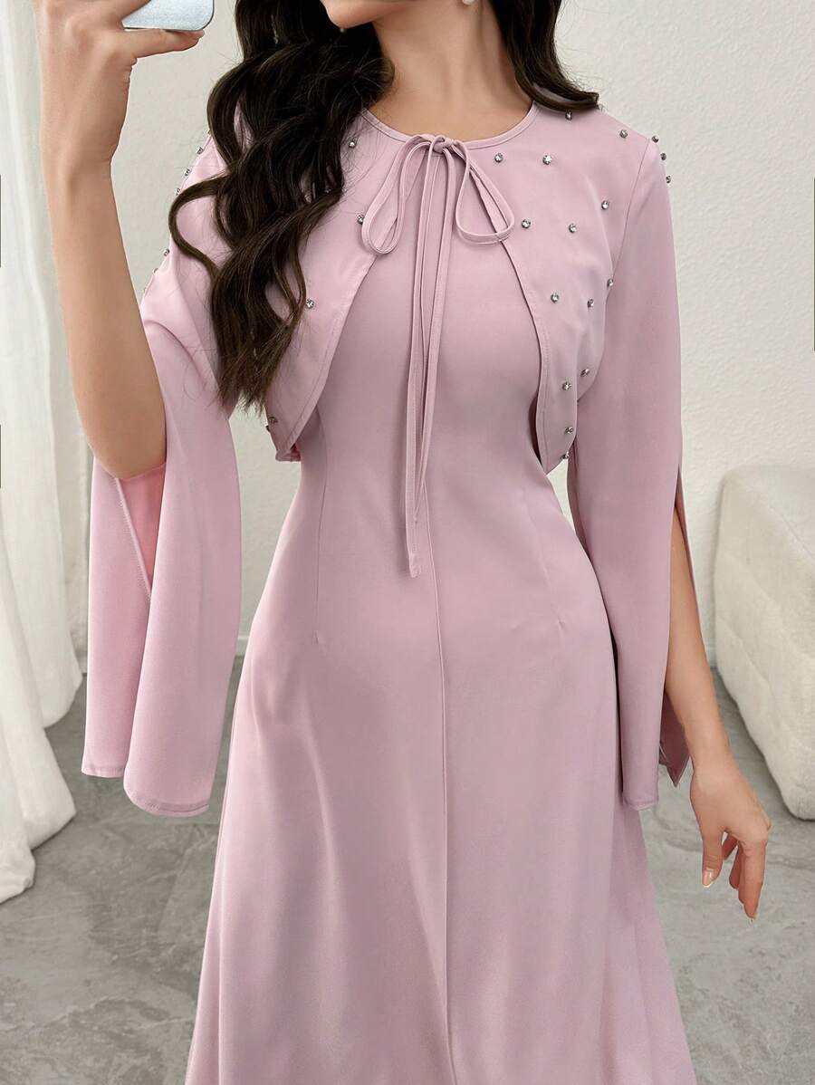 Modelyn 2 件套女士套装：带水钻的优雅短夹克和紧身连衣裙，春夏 - 粉色 - 查看 1