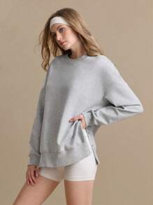 Gameset SHEIN Sport Women's Solid Color Crew Neck Drop Shoulder Long Sleeve Casual Sweatshirt - Light Grey - View 5