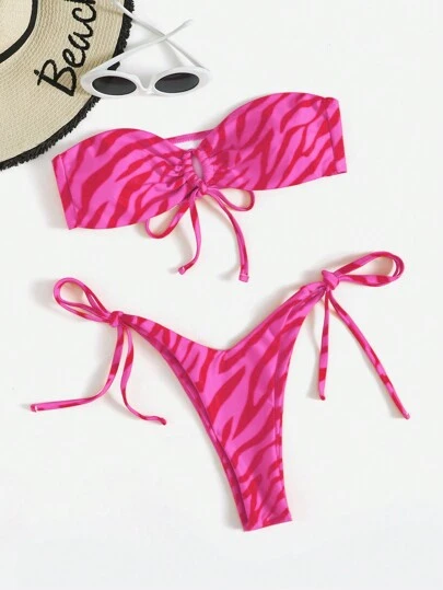 Swim Vcay Women's Sexy Zebra Print Bandeau Bikini Set, Random Print Swimwear, For Summer Beach Vacation