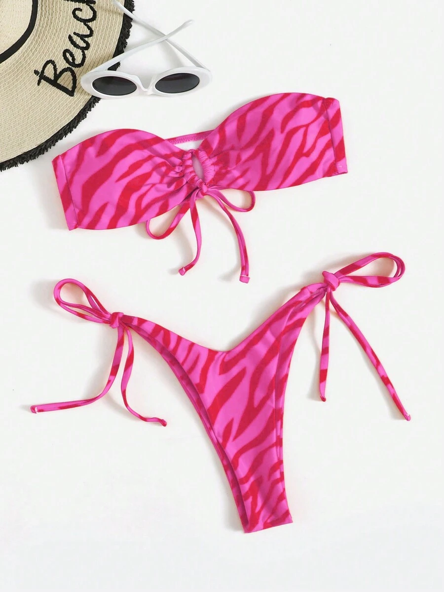 Swim Vcay Women's Sexy Zebra Print Bandeau Bikini Set, Random Print Swimwear, For Summer Beach Vacation