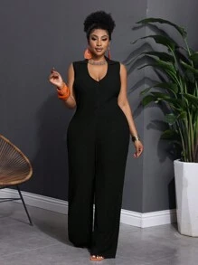 Slaydiva Spring/Summer Casual Slim Fit Solid Black Sleeveless Shirt Collar V-Neck Zip Front Straight Leg Pants - Knit Textured Fabric Women Plus Size Jumpsuit - Black - View 8