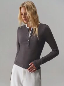 TRNVIE 1 件百搭撞色二合一舒适长袖 T 恤 - 灰色 - 查看 7