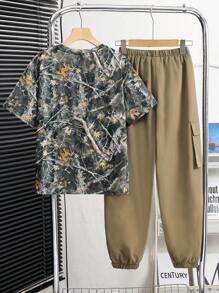 SHEIN Leap Crew 男童休闲印花短袖T恤和裤子套装 - 軍綠色 - 查看 2