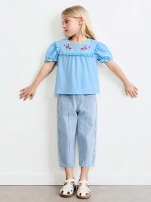 SHEIN Blusa casual con cuello redondo, mangas de farol y detalles de volantes en azul para niñas jóvenes, estilo mori para primavera - Azul - Ver 3