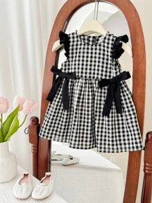 SHEIN LMoss Kids 女婴夏季可爱黑白格子蝴蝶结装饰连衣裙