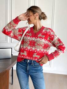 SHEIN Frenchy 女士休闲几何图案针织毛衣，秋冬 - 卡其色 - 查看 6