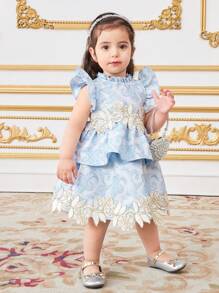 SHEIN Leap Crew Babygirl 优雅可爱花卉印花吊带上衣和迷你裙套装，夏季 - 藍色 - 查看 5