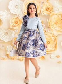 SHEIN Leap Crew Tween Girl 优雅荷叶边领长袖上衣和裙子 2 件套 - 藍色 - 查看 6