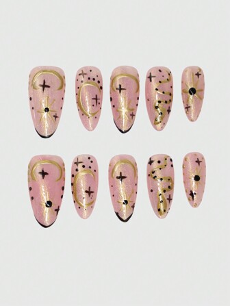 Fairycore 10pcs Luxury Handmade Fake Nails + 3pcs Double-Sided Adhesive, Removable Sun & Moon Nail Art Stickers, High-Quality Shiny Colored Nail Decals Suitable For Holidays, Parties, Dancing And Daily Wear