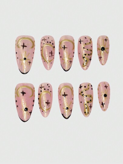 Fairycore 10pcs Luxury Handmade Fake Nails + 3pcs Double-Sided Adhesive, Removable Sun & Moon Nail Art Stickers, High-Quality Shiny Colored Nail Decals Suitable For Holidays, Parties, Dancing And Daily Wear