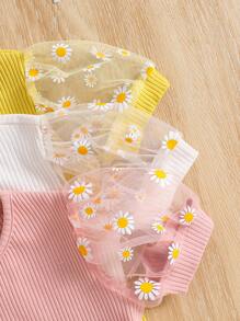 SHEIN Leap Crew 3 Piece Set: Young Girl Solid Color Knit Round Neck T-Shirt With Woven Mesh Sleeves - Multicolor - View 4