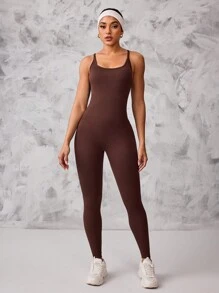 Gameset SHEIN Sport Solid Color Criss-Cross Open Back Seamless Gym Jumpsuit - Brown - View 3