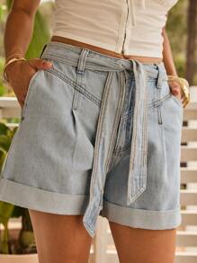 Aralina 高腰系带宽松牛仔休闲夏季短裤 - 淺色水洗藍 - 查看 7