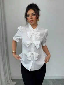 Selianne Fashion Versatile Stand Collar Bow Decor Bubble Sleeve Textured Fabric Women Shirt - White - View 4