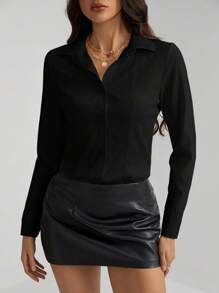 SHEIN Tall Solid Long Sleeves Button Front Shirt Bodysuit - Black - View 5