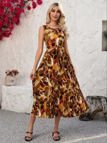 Gownix Round Neck Belted Pleated Oil Painting Print Dress For Women, Suitable For Daily Commute Wear,Summer , Vacation Outfits Woman,Summer Outfits For Women - Multicolor - View 8