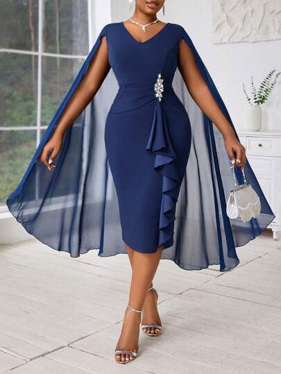 Fleurora Plus Size Women's Elegant Cape Structured Blue See-Through Formal Evening Dress Fall Women Clothes Four Seasons Blue Dress