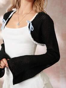 SHEIN EZwear 女式黑色超短喇叭长袖镂空撞色蝴蝶结夹克 - 黑色 - 查看 3