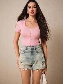 SHEIN Frenchy Áo thun tay ngắn màu trơn dành cho nữ, giản dị và thời trang để mặc hàng ngày - Hồng - Xem 2