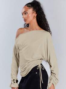 Athîral 女士休闲纯色不对称领抽绳上衣，秋季 - 杏色 - 查看 2