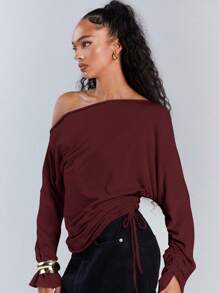 Athîral 女士休闲纯色不对称领抽绳上衣，秋季，复古款上衣，端庄，机场