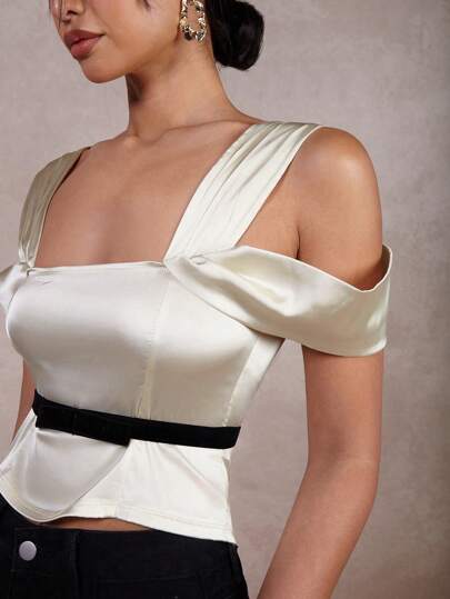 COSMINA Women Chic Cream Color Open Shoulder Top, Spring/Summer