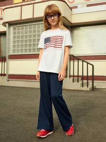 SHEIN Explorewe 2pcs Casual Street Teenager Girls Loose Fit National Flag Print Round Neck T-Shirt And Wide Leg Pants Set, Summer New Arrival - Multicolor - View 5