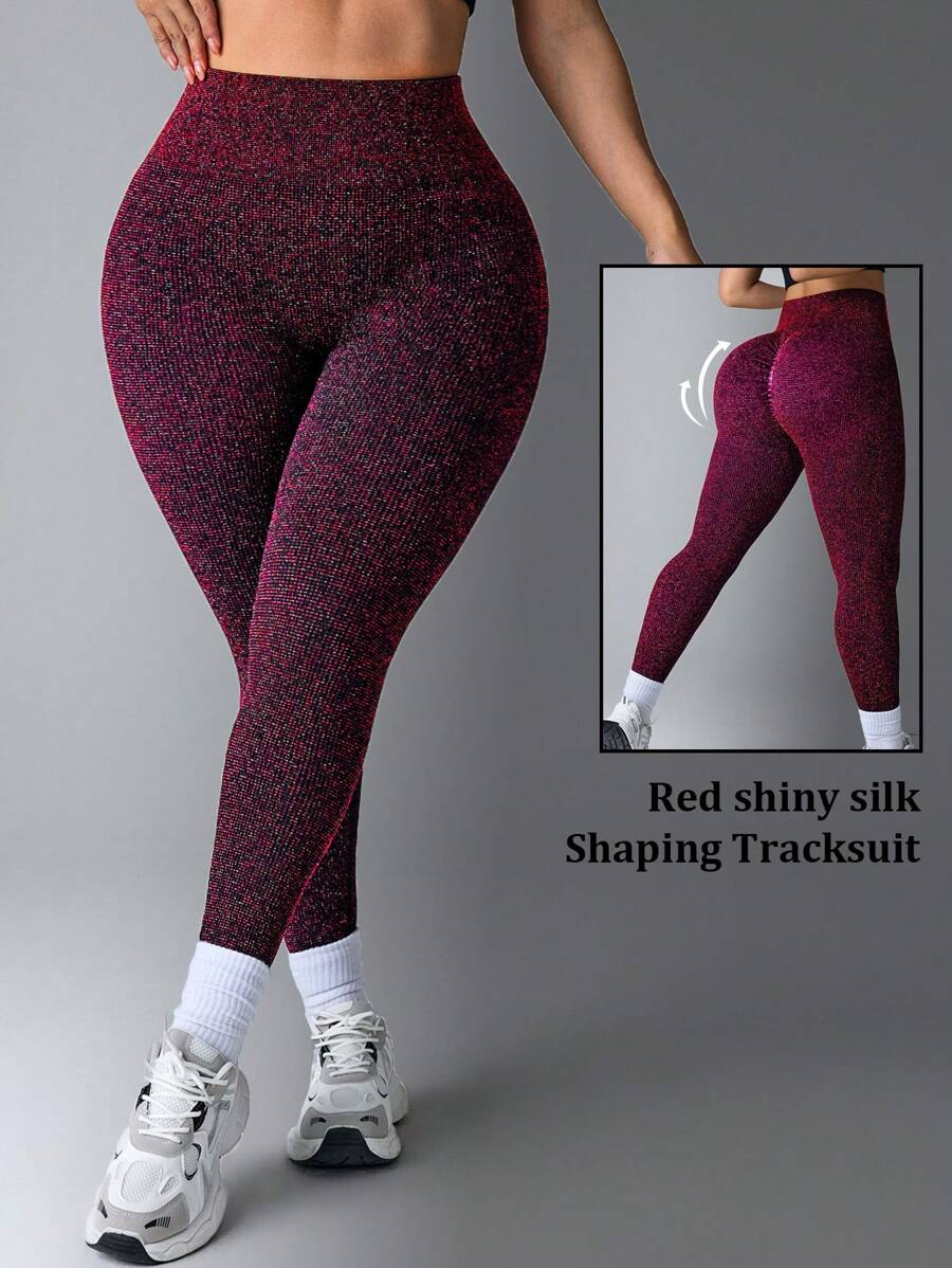 Plus Size Shiny Sports Leggings, Party Style For Chinese New Year - Burgundy - View 1