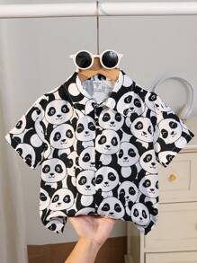 1 pieza Camisa informal de estilo deportivo y urbano para niños pequeños con gráfico de panda, hombros caídos, adecuado para uso diario, escuela, salidas, ejercicio, primavera/verano