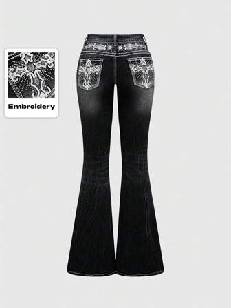 Grunge Punk Y2K Retro Xplosion Pocket Cross Wing Embroidery Slim Fit Flare Leg Jeans For Women