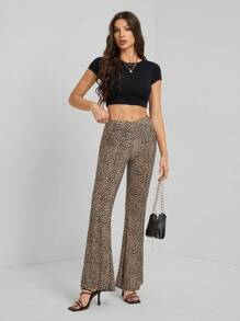 SHEIN Tall Women's Leopard Print Flare Pants, Fashion & Versatile - Brown - View 4