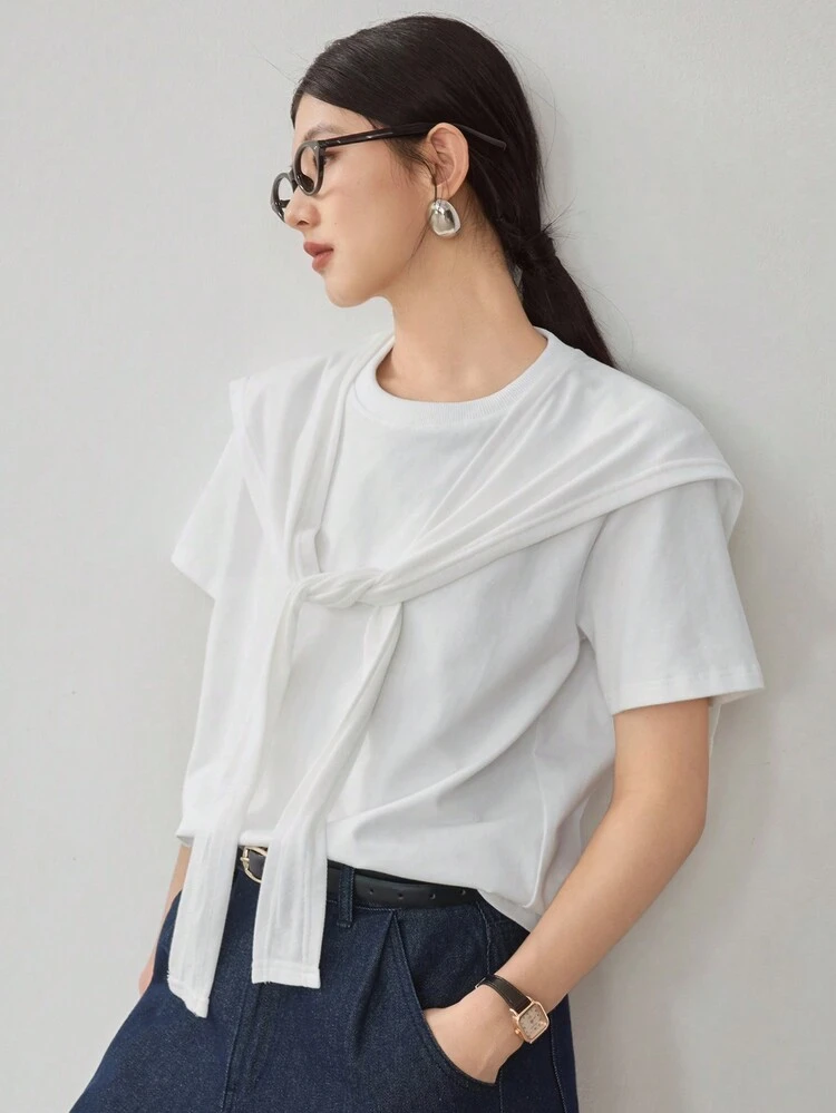Business Casual Office Wear Shawl Decor Ensemble, Minimalist Women Short Sleeve T-Shirt Summer
