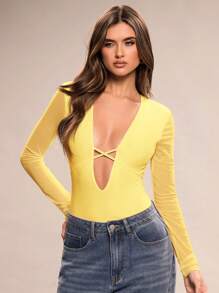 SHEIN BAE Women's Solid Color Deep V-Neck Mesh Panel Long Sleeve Sexy Bodysuit - Yellow - View 4