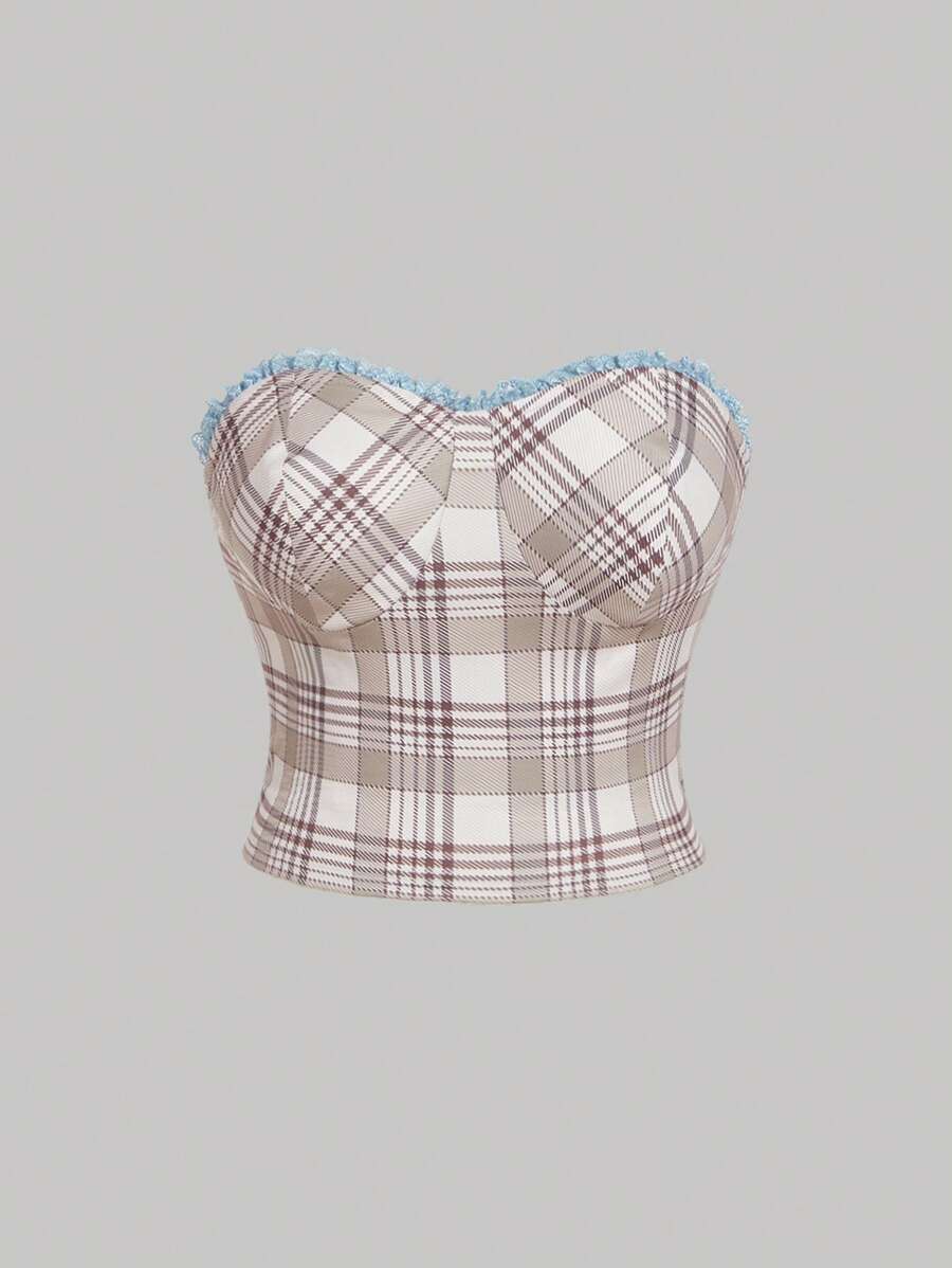 SHEIN MOD Top tube avec volant à l'ourlet contrasté à carreaux, grandes tailles - Multicolore - Voir 1