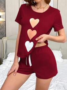 3pcs Heart Design Casual Short Sleeve Shorts Pajama Set - Burgundy - View 4