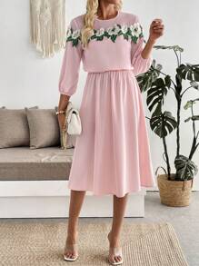 SHEIN Clasi Abito elegante da donna in chiffon con patchwork, ricamo floreale, collo rotondo, maniche a 3/4 e maniche a lanterna - Rosa - Visualizzare 6