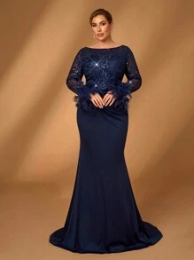 Serin فستان أنيق فاخر أزرق داكن شفاف طويل الأكمام مطرز بالدانتيل والترتر، تصميم مجعد ذيل حورية البحر، مناسب للزفاف والحفلات والسهرات وفستان أم العروس (الأساور مزينة بالريش)، مناسب لعيد الحب - الأزرق - مشاهدة 4