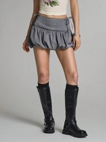 Easelle Grey Woven Women's Striped Short Bubble Hem Skirt