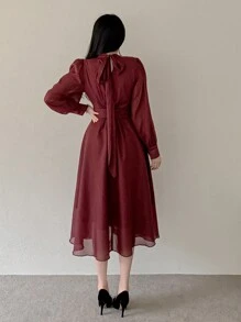 DAZY 女士宽松中长款系带派对连衣裙，秋季连衣裙长袖连衣裙红色女士连衣裙 - 酒紅色 - 查看 6