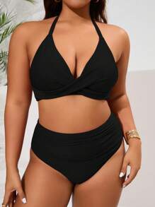 Swim Basics Costume da bagno a due pezzi da donna taglie forti, colore tinta unita, con collo a canottiera, set minimalista alla moda, ideale per la spiaggia e le vacanze estive